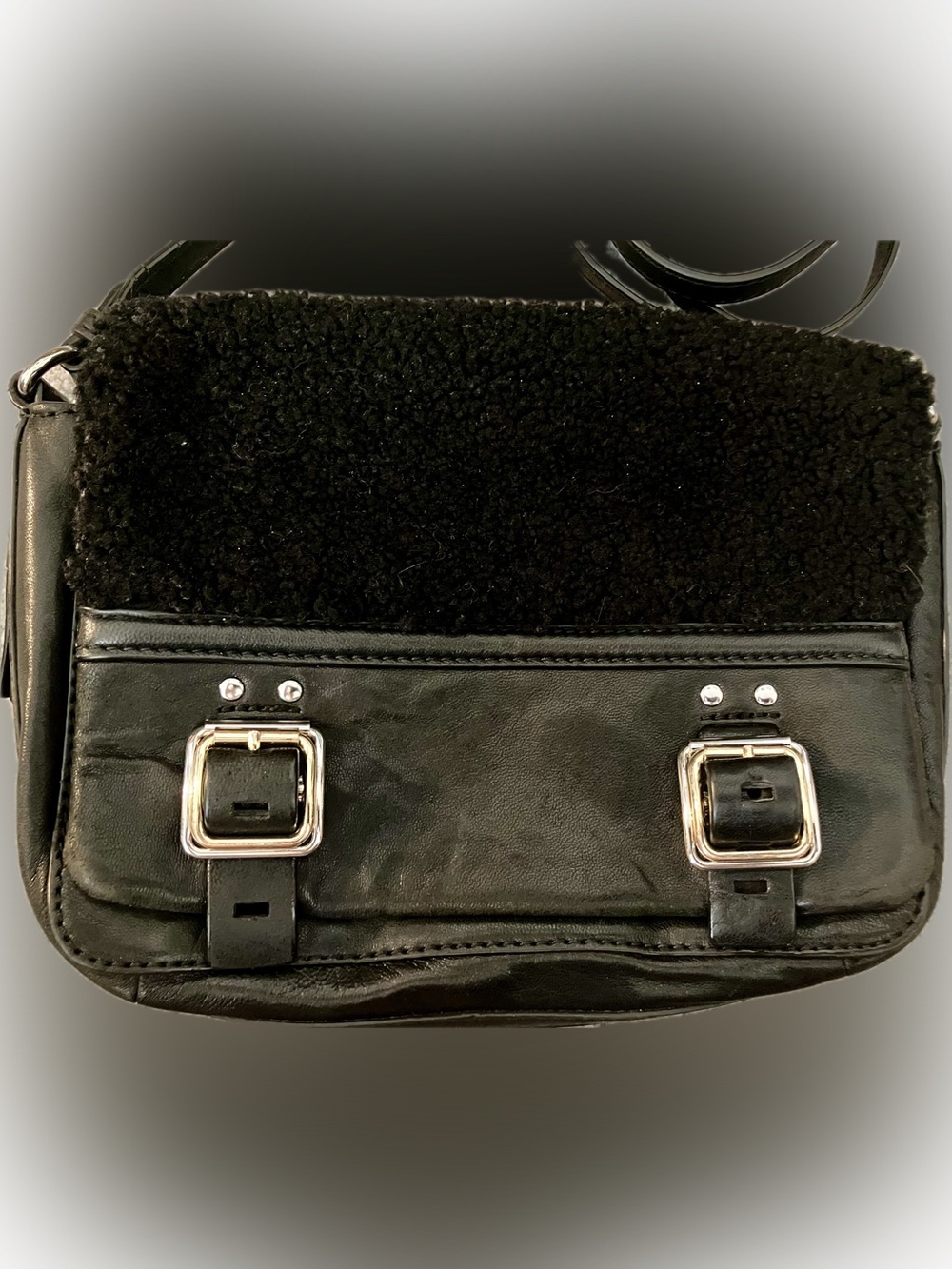 Vince Camuto Black Shearling & Leather Crossbody Bag with Silver Hardware